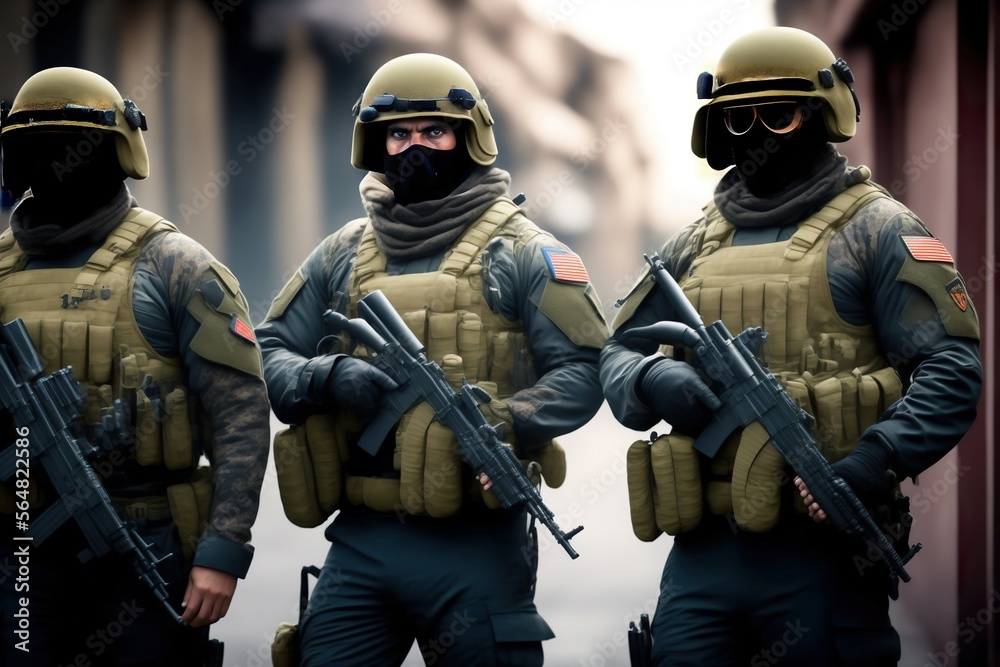 military squad army with guns in uniform, Generative AI military squad army with guns in uniform, Generative AI