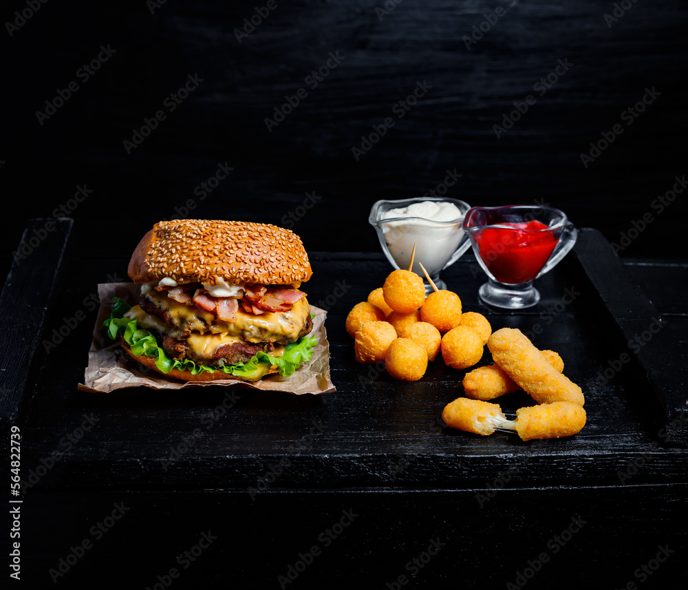 burger and chips. Cheese