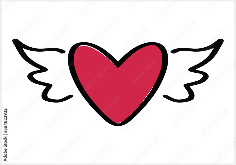 Doodle flying heart icon isolated. Sketch heart with wings.Hand dravn art line. Vector stock illustration