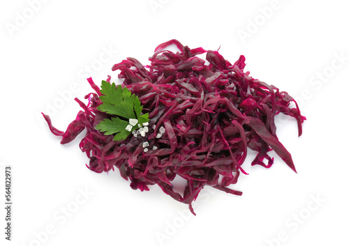 Tasty red cabbage sauerkraut with salt and parsley on white background, top view