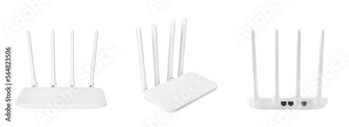 Obraz na płótnie Modern Wi-Fi router on white background, view from different sides