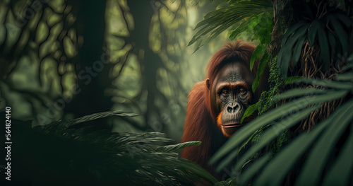 Orangutan, photography of a orangutan in a jungle. close-up. Generative AI photo