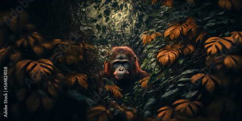 Orangutan, photography of a orangutan in a jungle. close-up. Generative AI