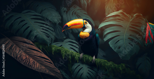 Toucan in the jungle, photography of a toucan in a jungle. close-up. Generative AI