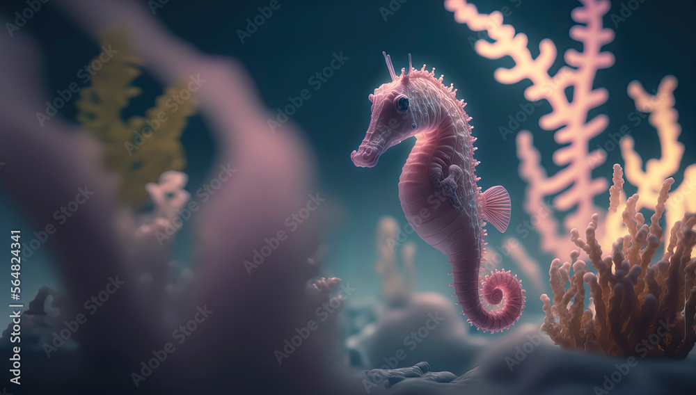 Pink SeaHorse in the Ocean, photography of a little seahorse in the water, Generative AI Pink SeaHorse in the Ocean, photography of a little seahorse in the water, Generative AI