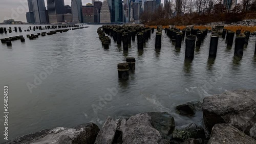 Wallpaper Mural Motion Timelapse of East river and old Brooklyn Pier with Lower Manhattan Skyline in a cloudy morning Torontodigital.ca