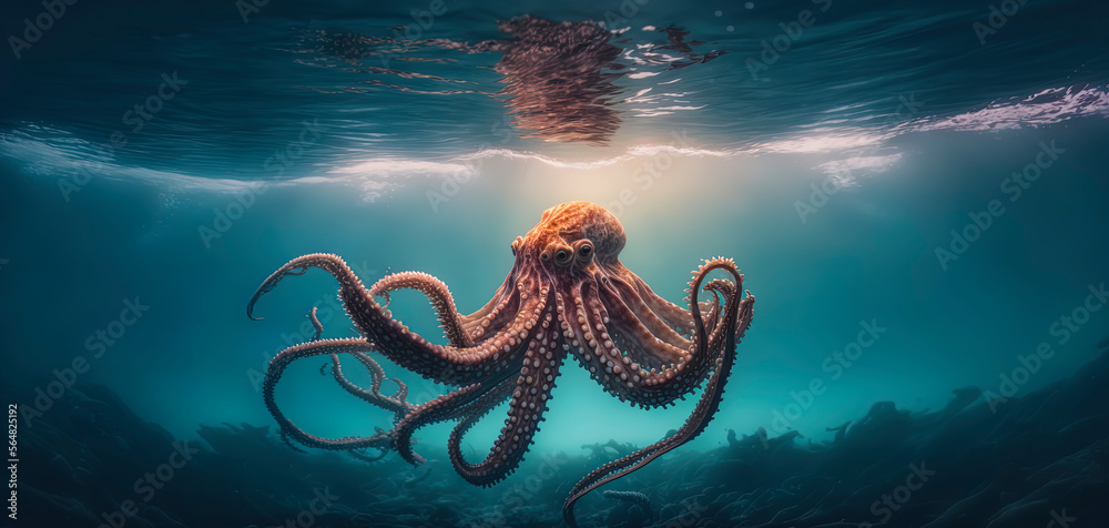 photography of a octopus in the sea. Generative AI - obrazy, fototapety, plakaty 