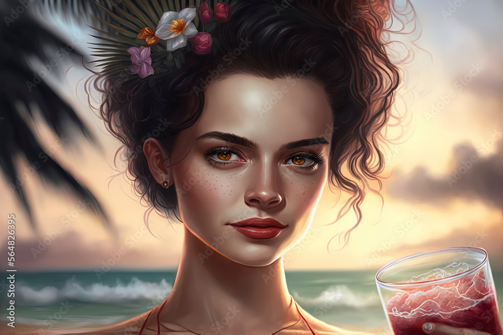 beautiful girl on the beach with tropical cocktail. Generative AI