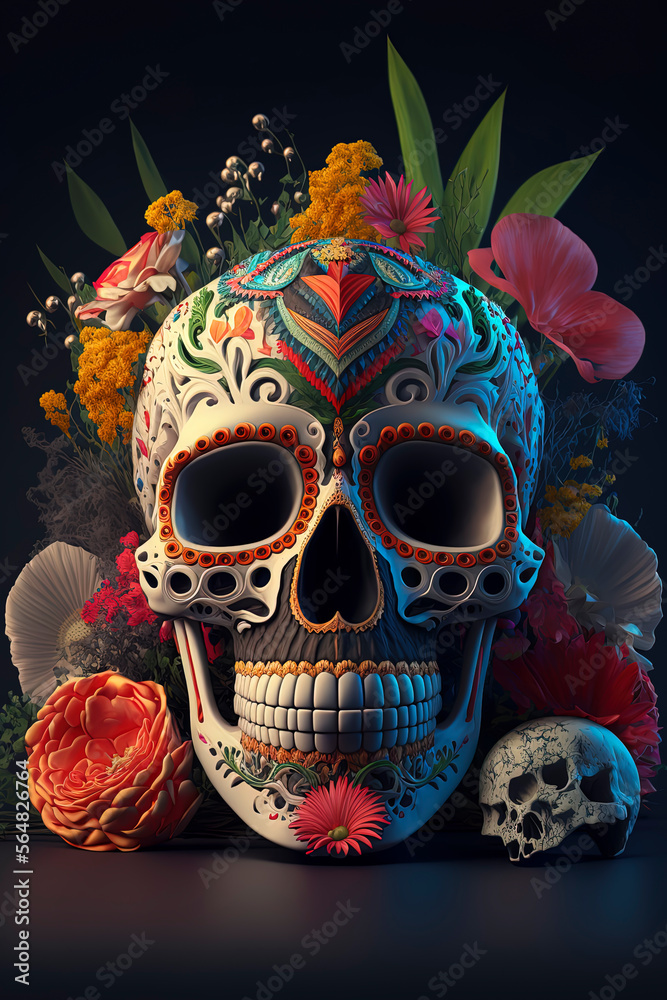 sugar skull adorned with vibrant flowers. Catrina Calavera. Day of the Dead. The Day of the Dead. Generative AI