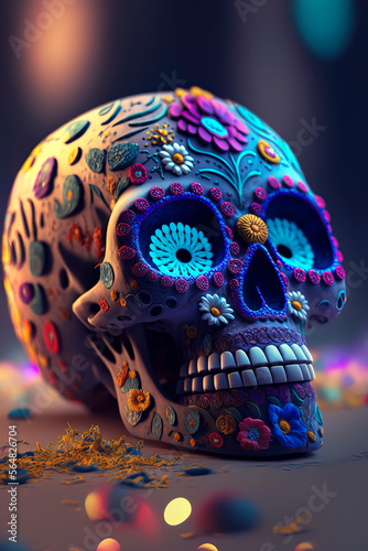 Day of the Dead, Dia de los muertos, skull and flowers. Generative AI