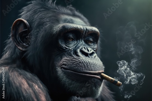 Realistic portrait of a bonobo with serene attitude smoking a mini cigar. Created with Generative AI technology. photo