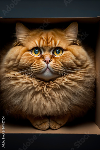 fluffy chonky orange cat in a shoebox. Generative AI photo