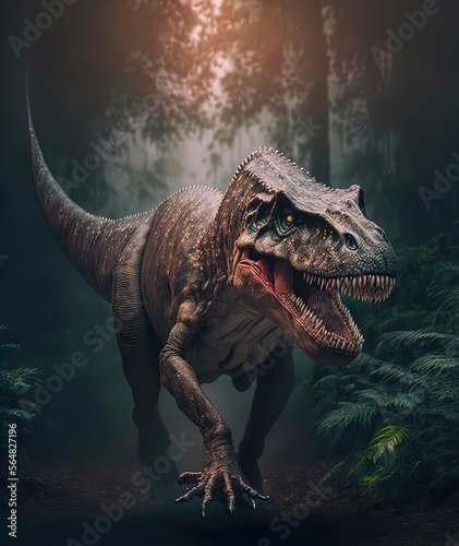 T-Rex in the jungle, Angry Dinosaur. Generative AI © Lemart