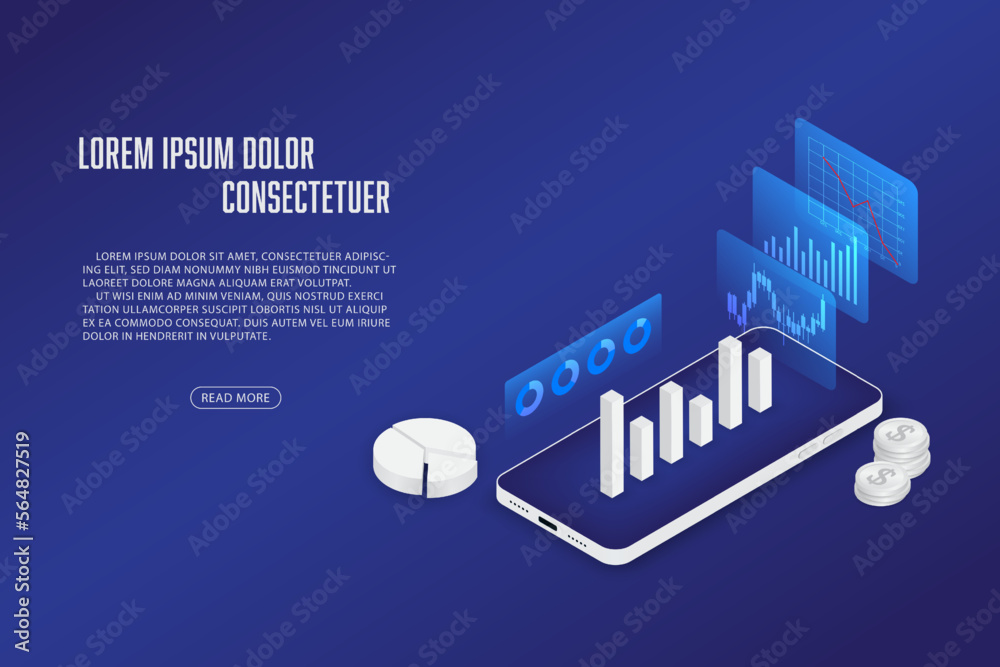 Vector isometric smart phone application with stock chart concept ...