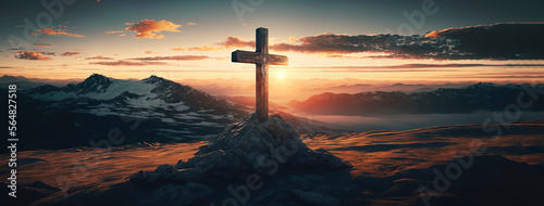 the cross of christ on top of the mountain with beautiful sunset in the background. Panoramic. Generative AI