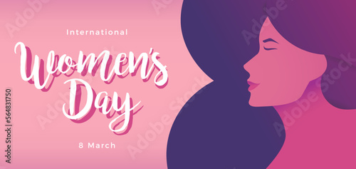 8 march background design. International women s day vector web banner. Graphic illustration with woman s face silhouette inside number 8. Calligraphic text