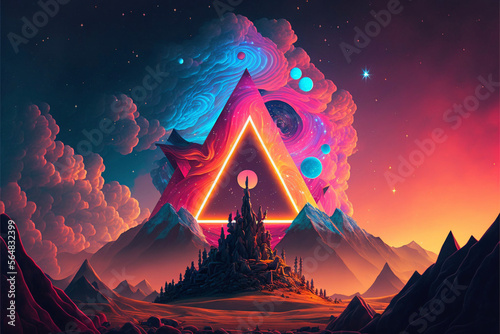 Surreal Psychedelic Trippy Desert Mountain Galaxy Landscape with Neon Celestial Shapes  Central Pyramid Triangle Generative AI