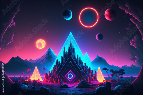 Surreal Psychedelic Trippy Desert Mountain Galaxy Landscape with Neon Celestial Shapes, vignette Generative AI