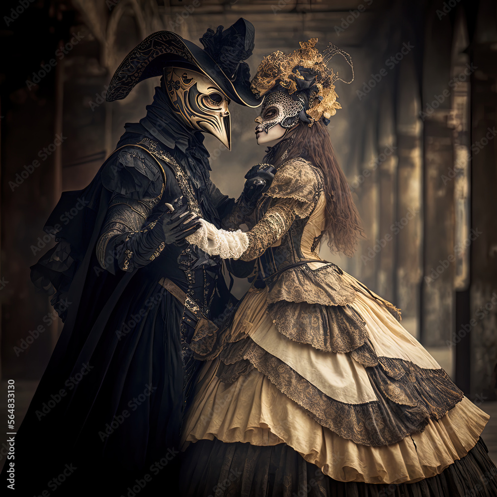 Couple Dancing at a Venice Carnival Masked Ball. Ai generated art