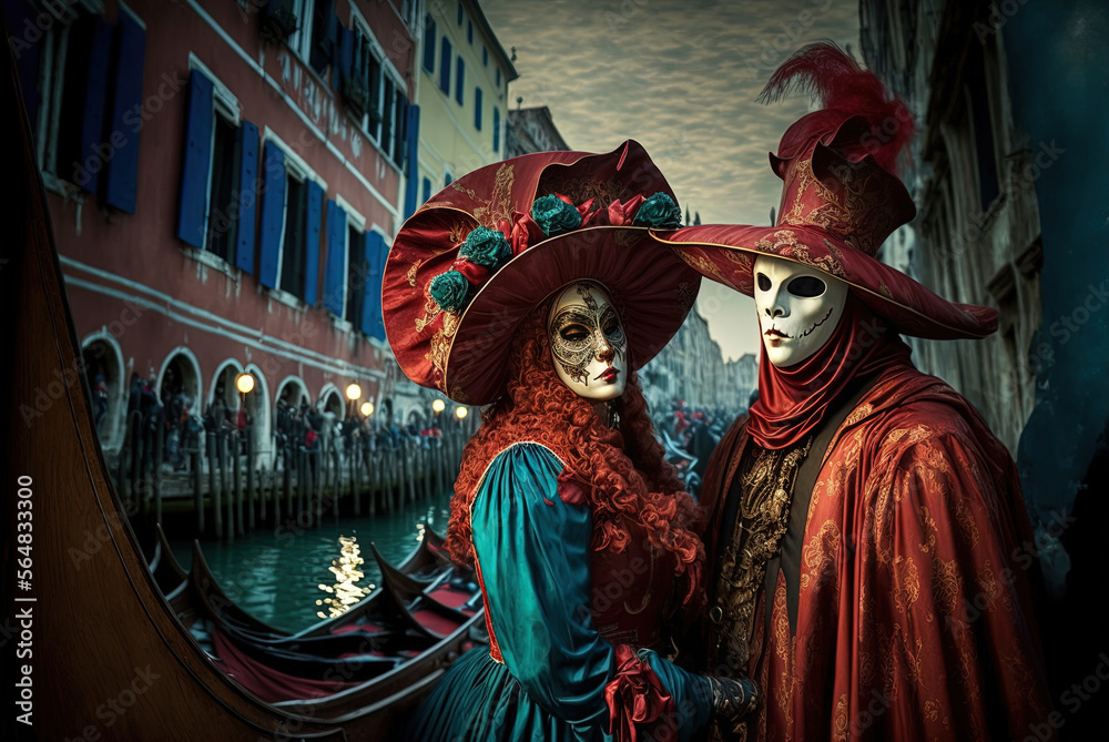 Couple Wearing a mask and traditional costume at Venice Carnival masked ball.. Ai generated art