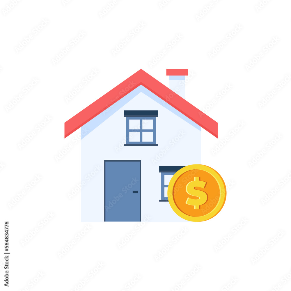 House icon with golden coin. Real estate investment. Property growth. Vector illustration. House icon with golden coin. Real estate investment. Property growth. Vector illustration.