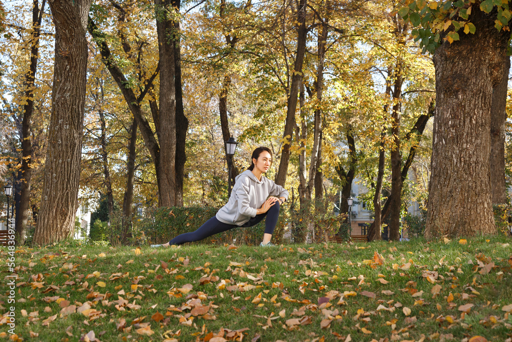 Asian sportswoman lunging and stretching on lawn Asian sportswoman lunging and stretching on lawn