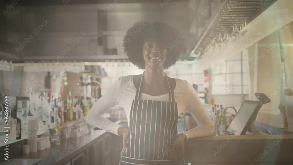 Animation of portrait of african american female shop assistant with apron over light spots Animation of portrait of african american female shop assistant with apron over light spots