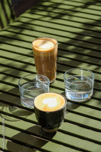 Cappuccino, latte and water photo