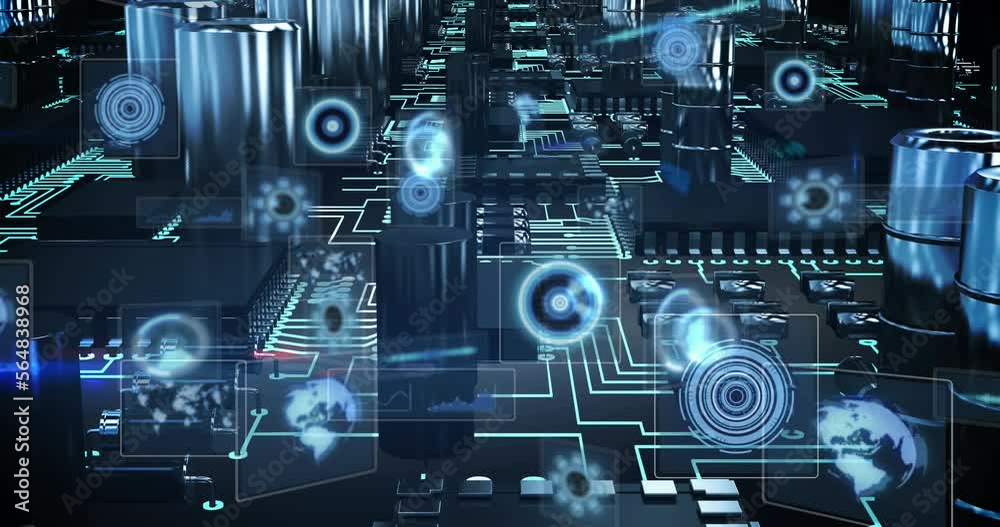 Animation of data processing with scope scanning over computer circuit board on black background Animation of data processing with scope scanning over computer circuit board on black background