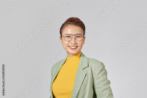 Close up portrait of confident boss lady wear formal suit posing photo