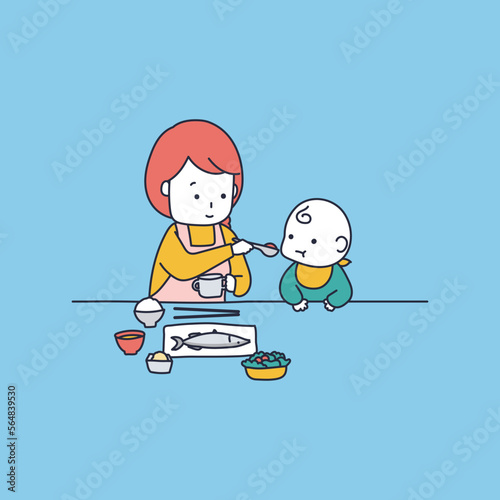 赤ちゃんにごはんをあげながら自分も食べるの、めっちゃ難しい！のイラスト素材｜mayucolor09