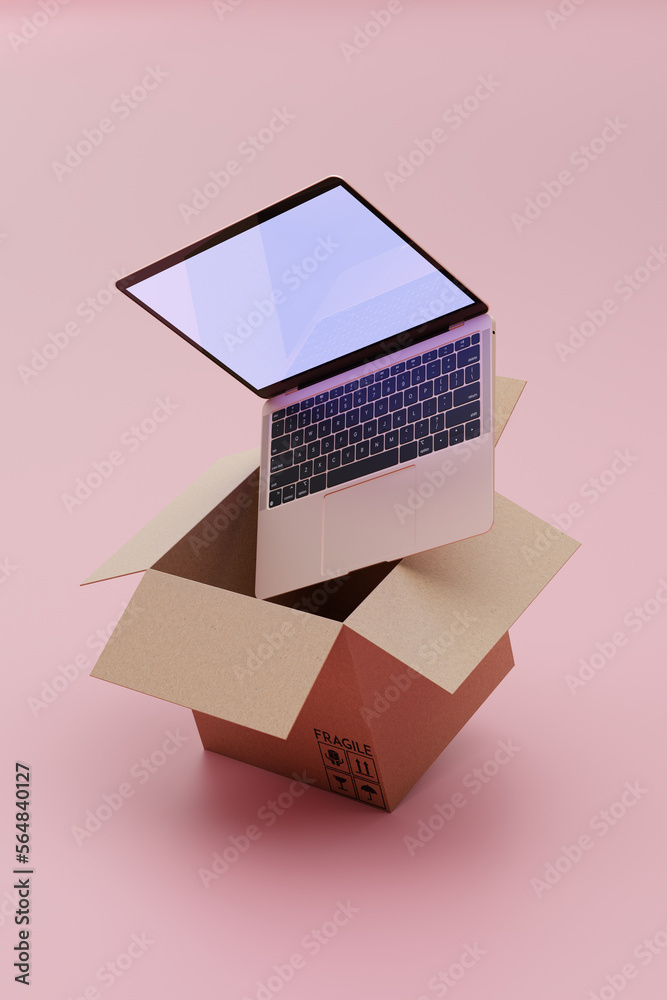 Computer Box Delivered Open Delivery and shipping goods concept - laptop coming out of box Stock ...