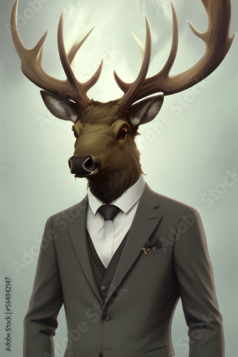 portrait of an elk dressed in a formal business suit, generative ai