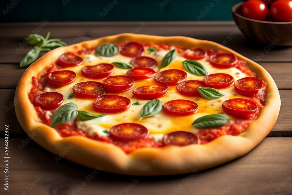 view delicious cheese pizza on brown wooden surface