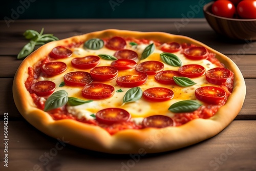 view delicious cheese pizza on brown wooden surface