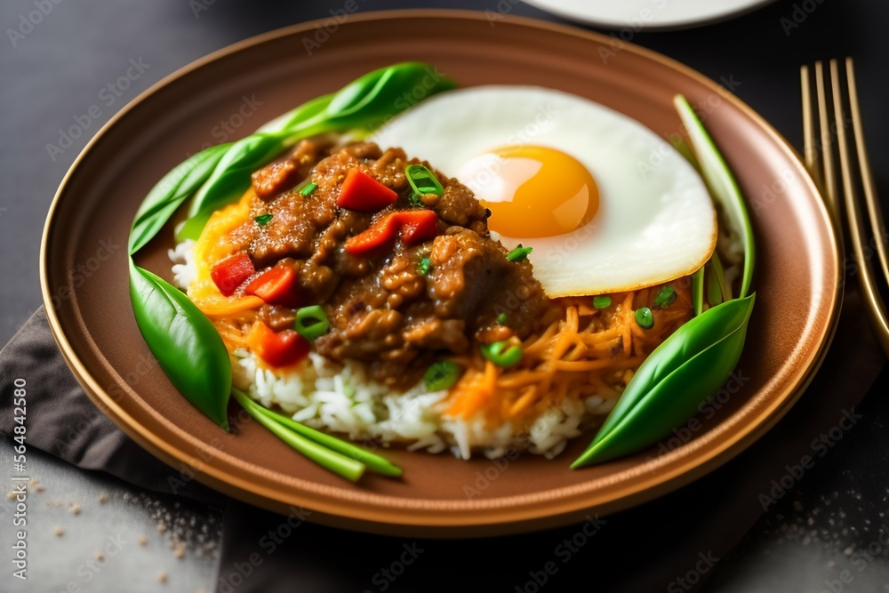 korean food. fried rice with kimchi serve with fried egg