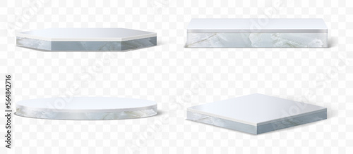 3D Vector set of marble pedestals podium, Abstract geometric empty stages stone exhibit displays award ceremony product presentation