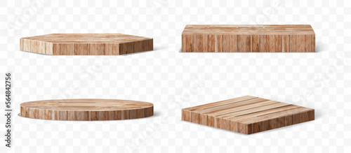 3D Vector set of wood pedestals podium, Abstract geometric empty stages wooden exhibit displays award ceremony product presentation