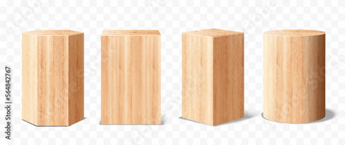 Set of Vector wood podium Pedestals, abstract geometric empty museum stages, exhibit displays for award ceremony presentation. Gallery platform, Blank Wooden product stands, Realistic 3d