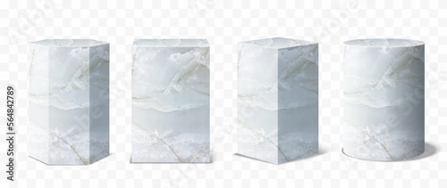 Set of Vector marble podium Pedestals, abstract geometric empty museum stages, exhibit displays for award ceremony presentation. Gallery platform, Blank stones product stands, Realistic 3d