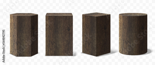 Fototapeta Naklejka Na Ścianę i Meble -  Set of Vector wood podium Pedestals, abstract geometric empty museum stages, exhibit displays for award ceremony presentation. Gallery platform, Blank Wooden product stands, Realistic 3d