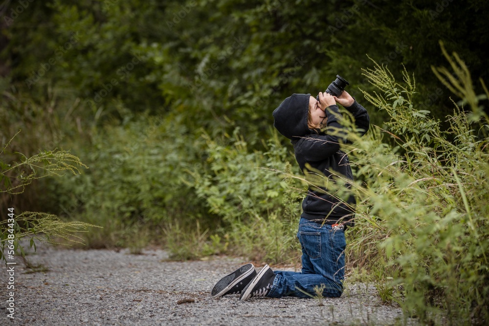 Young boy photographing trees on a gravel trail Young boy photographing trees on a gravel trail