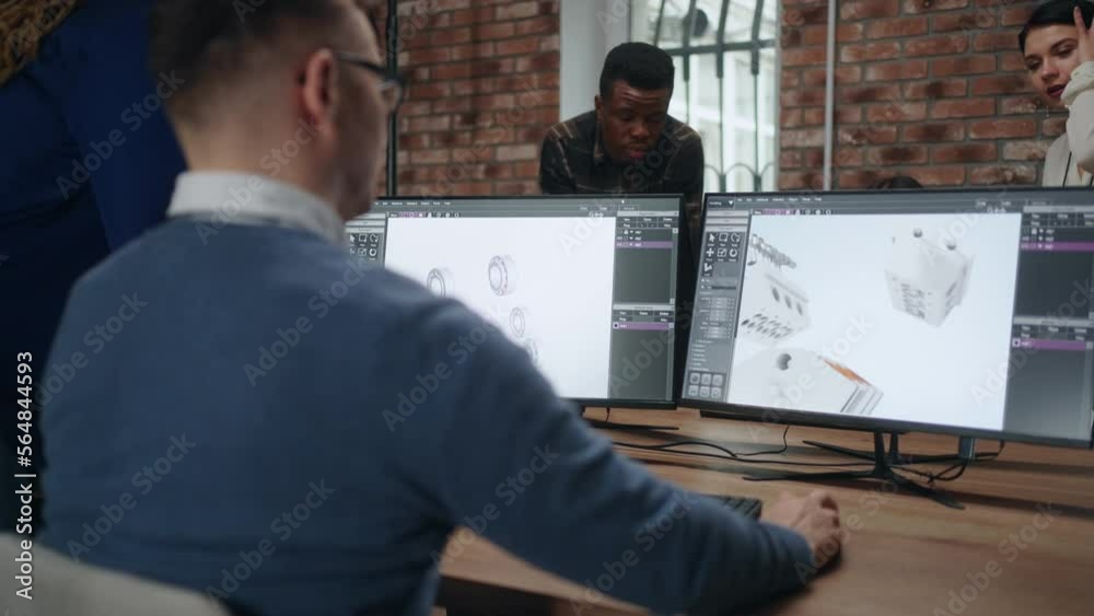 indian, african and caucasian people work in office of international company, use 3D modeling