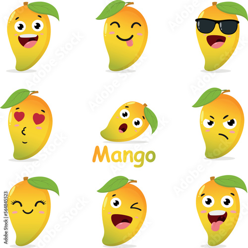 Cute Mango cartoon, exotic fruit character set isolated on white
