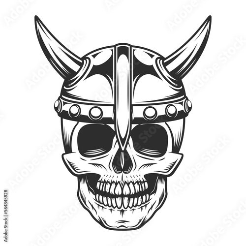 Viking vintage emblem with serious medieval nordic warrior in horned helmet isolated vector illustration