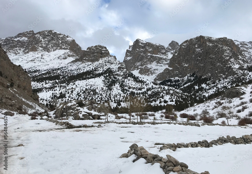 Sarimemedler Camp Area at winter on Aladaglar Mountain Range in Nigde, Turkey. Aladaglar is most important mountain range in Turkey.