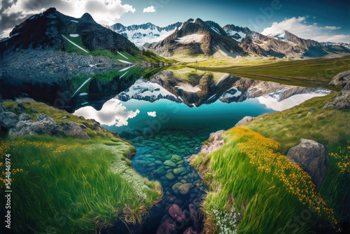 Beautiful Lake in the Alpine Mountains Landscape. Created with Generative AI Technology 