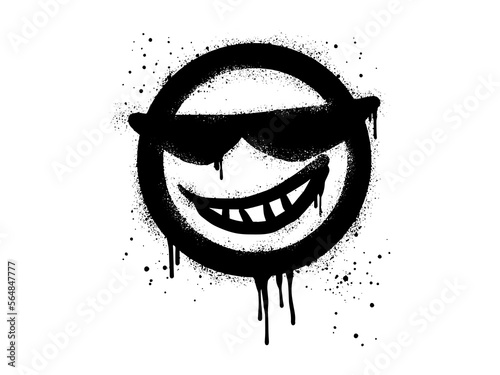 Smiling face emoticon character with sunglasses. Spray painted graffiti smile face in black over white. isolated on white background. vector illustration
