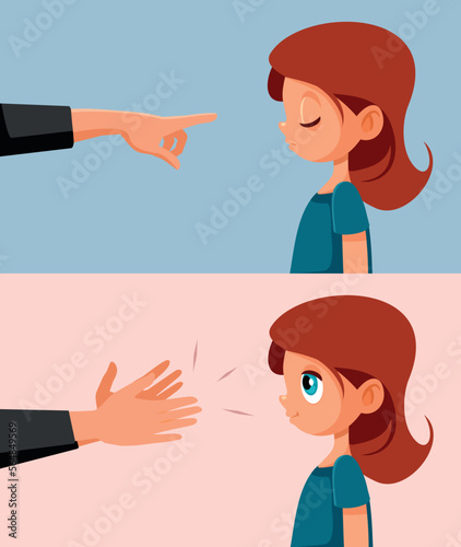 Punishment versus Praising Parenting Style Vector Cartoon Illustration. Little girl feeling happy or sad being scolded or appreciated 

