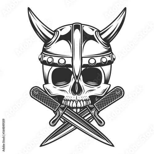 Viking vintage emblem with skull serious medieval nordic warrior in horned helmet and battle knife isolated vector illustration